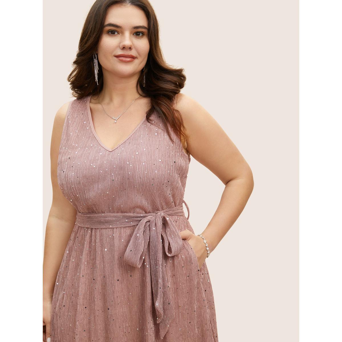 Plus Size Glitter Mesh V Neck Sleeveless Belted Dress Crepe Women Formal Texture V-neck Sleeveless Curvy BloomChic 14-16/1X Product Image