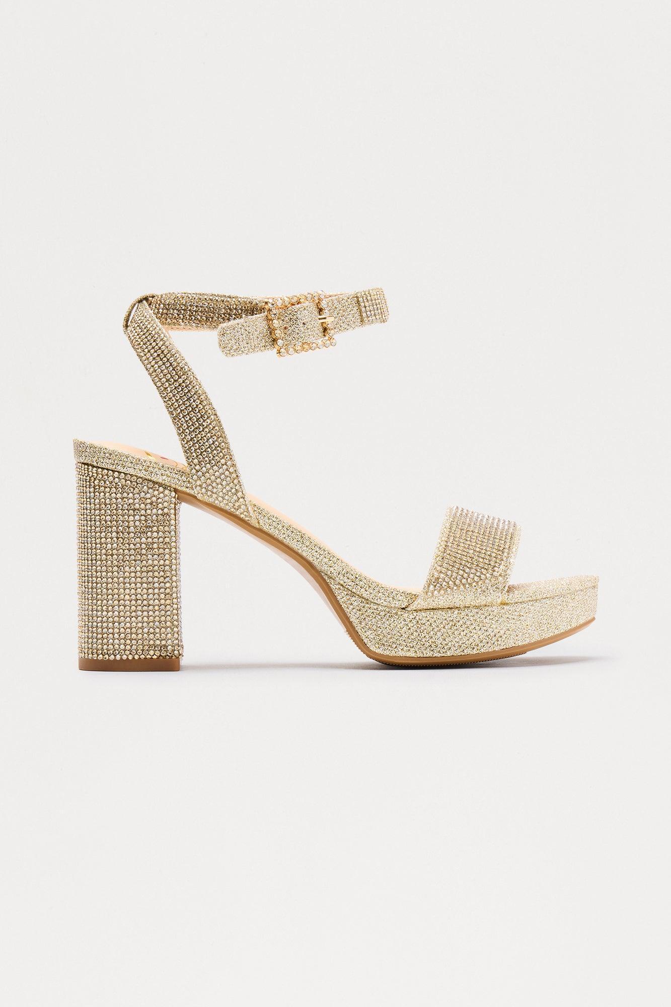 Brissie Rhinestone Ankle Strap Heels - Gold Product Image