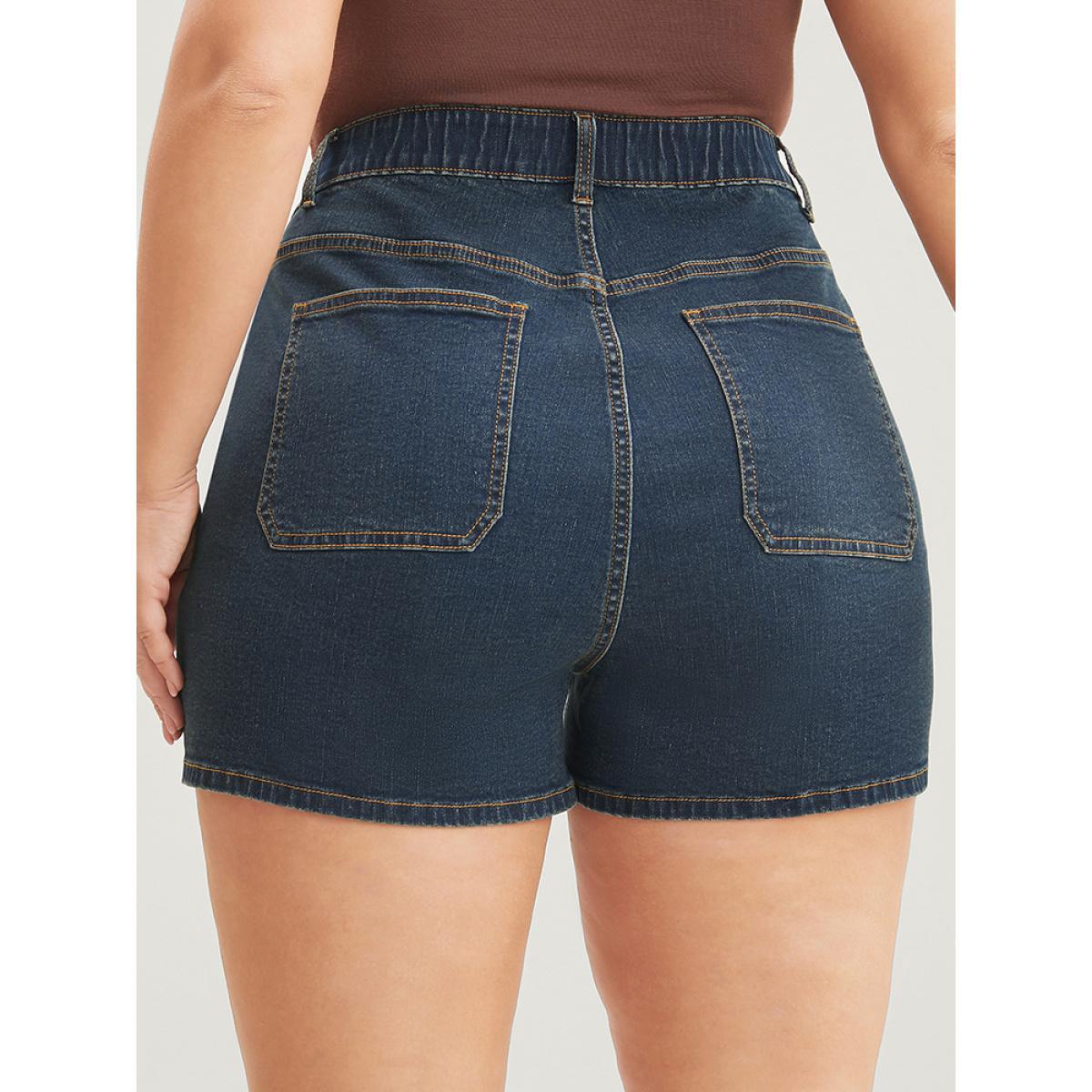 Plus Size Very Stretchy Dark Wash Pocket Denim Shorts Women Indigo Casual Plain High stretch Pocket Jeans BloomChic 10/M Product Image