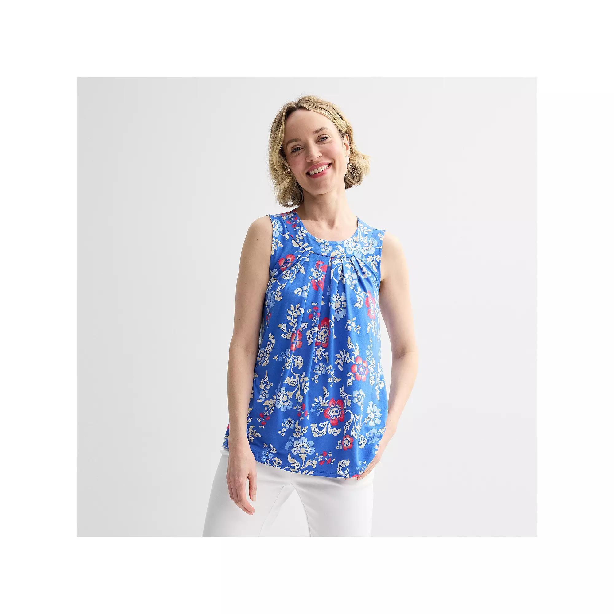 Petite Croft & Barrow Pleated Tank Top, Womens Blue Texture Palms Product Image
