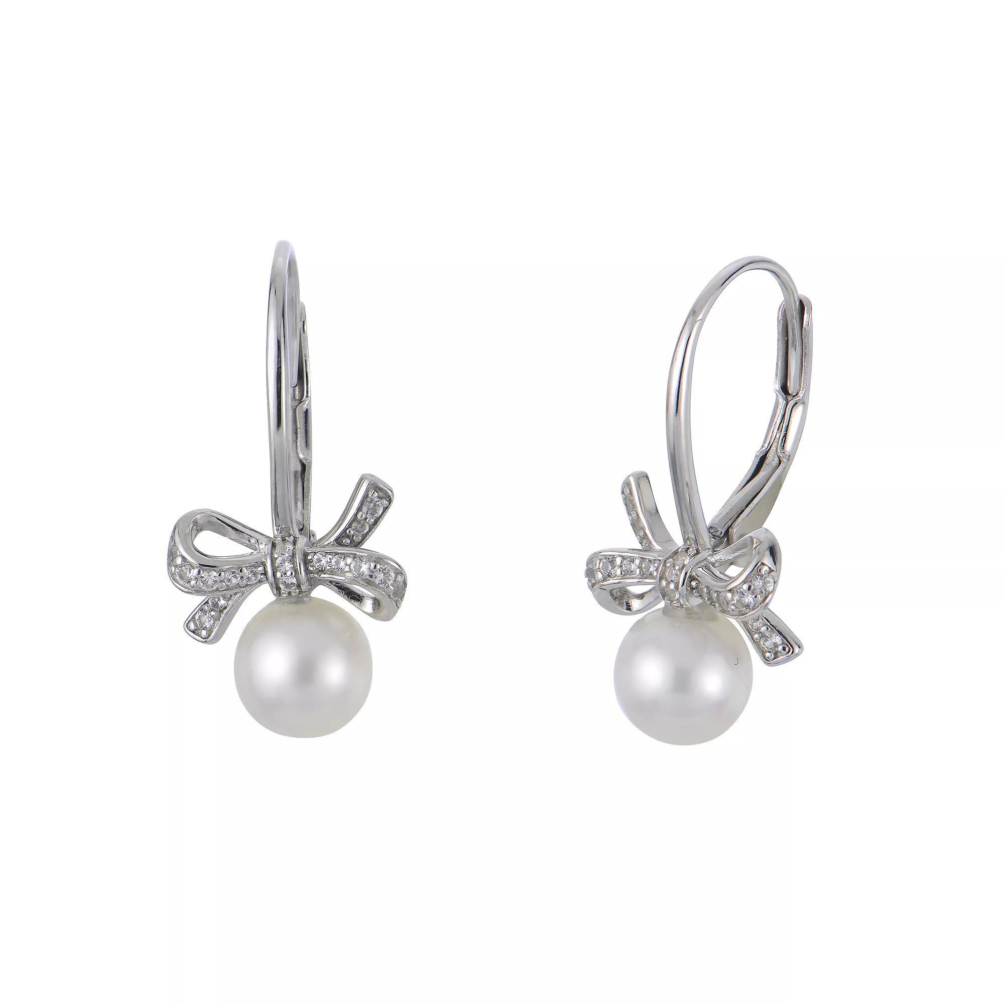 PearLustre by Imperial Sterling Silver Freshwater Cultured Pearl Lab-Created White Sapphire Bow Earrings, Womens Product Image