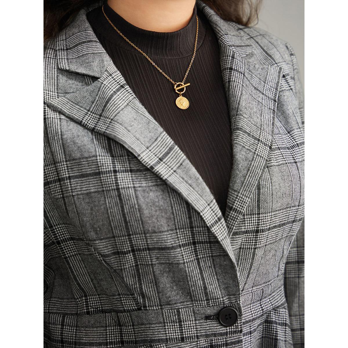 Plus Size Plaid Suit Collar Button Up Blazer Gray Women Work Plaid Button Sleeve Long Sleeve Suit Collar 22-24/3X At the Office Blazers BloomChic Product Image
