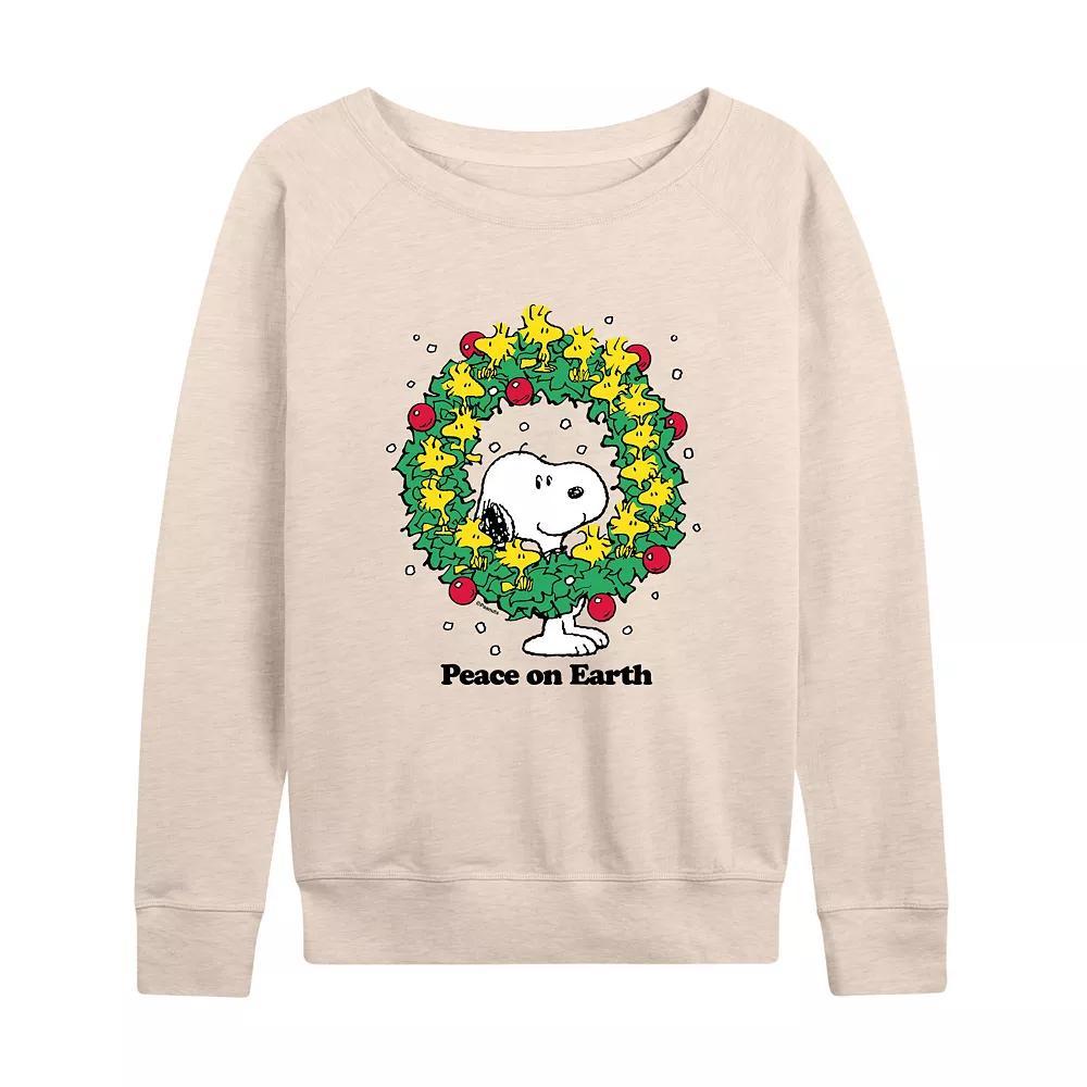 Women's Peanuts Peace On Earth French Terry Long Sleeve Tee, Size: Small, Beige Product Image