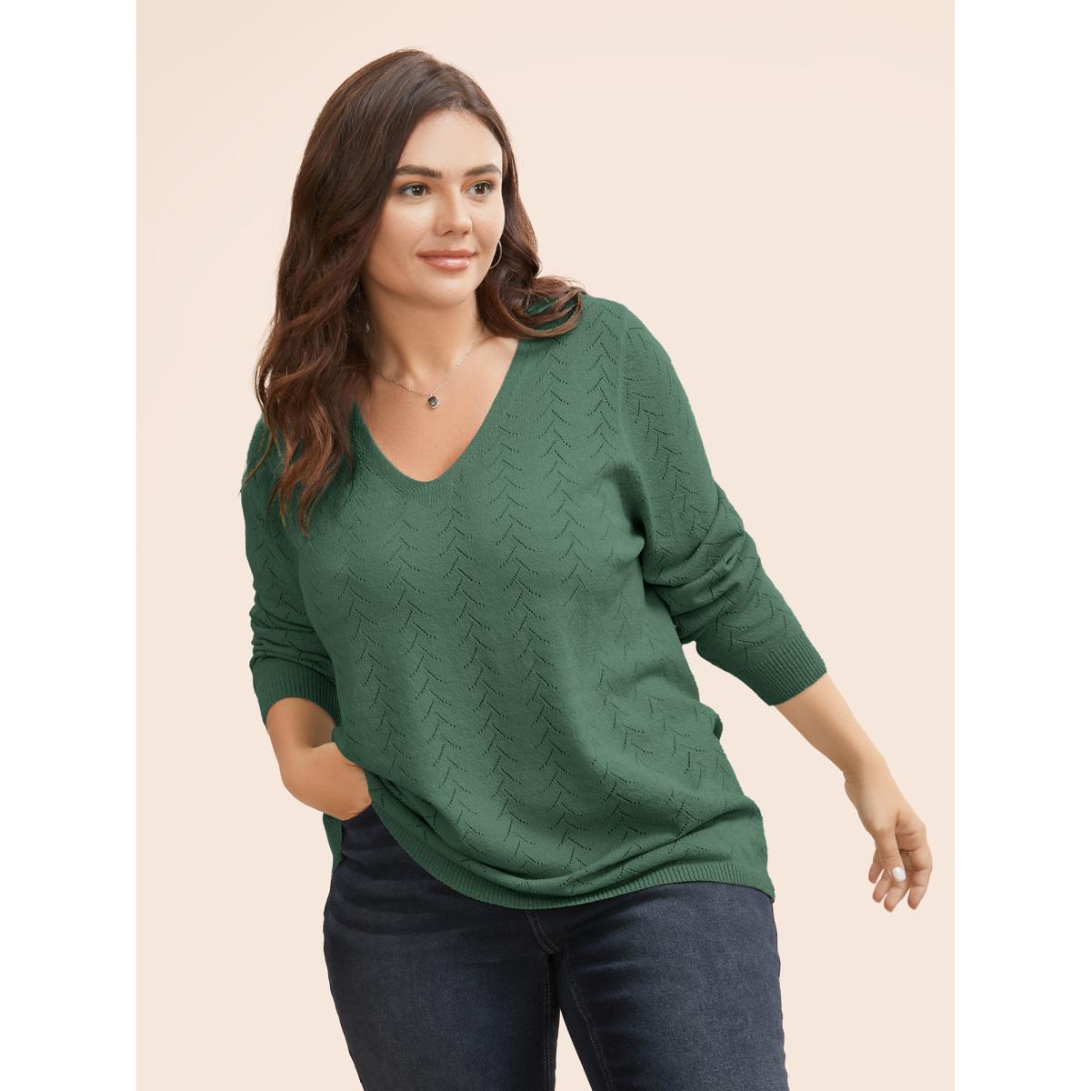 Plus Size Texture V Neck Lightweight Pullover Emerald Women Casual Long Sleeve V-neck Everyday Pullovers BloomChic 28/5X Product Image