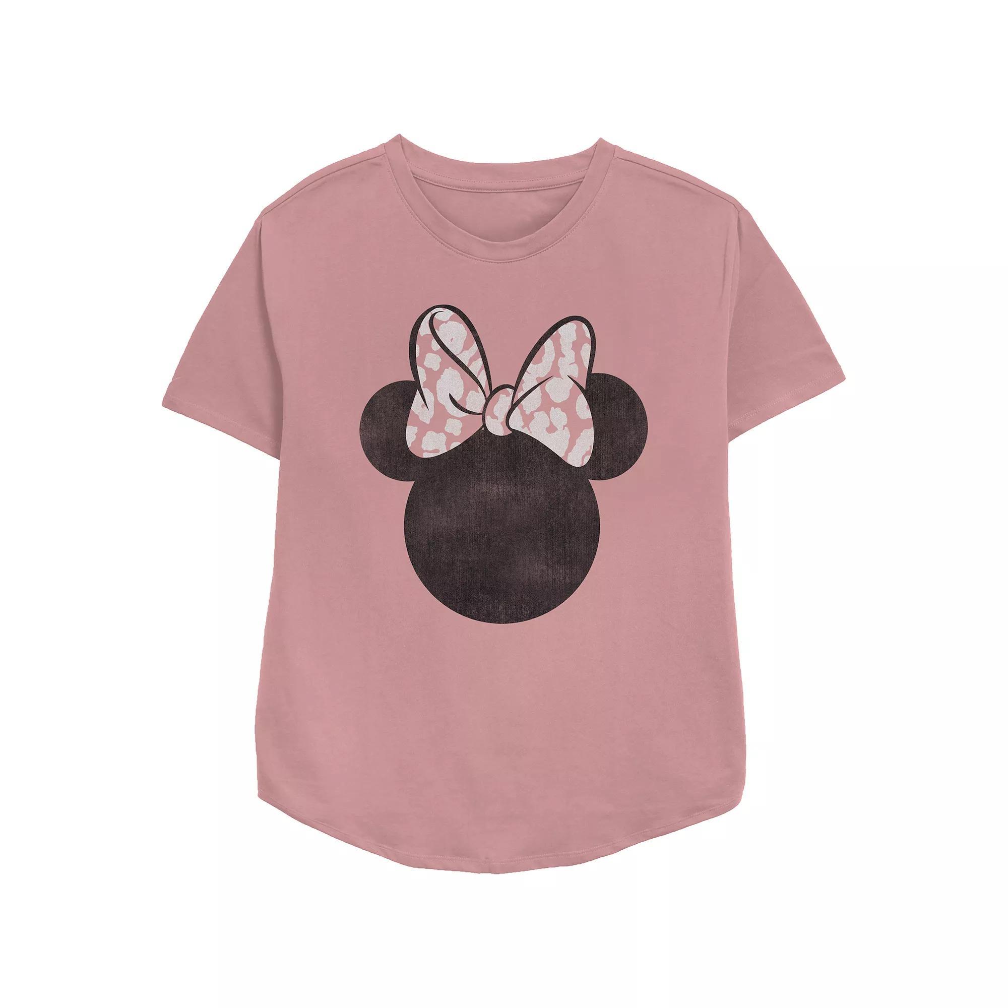 Disney's Minnie Mouse Pink Leopard Print Bow Women's Relaxed Fit Graphic Tee, Size: Small Product Image