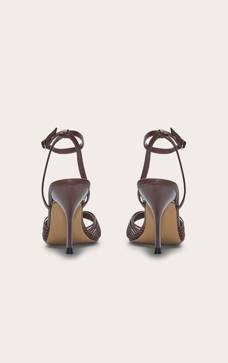 Chocolate Pu Square Toe Multi Strap Gold Trim High Heeled Sandals Product Image