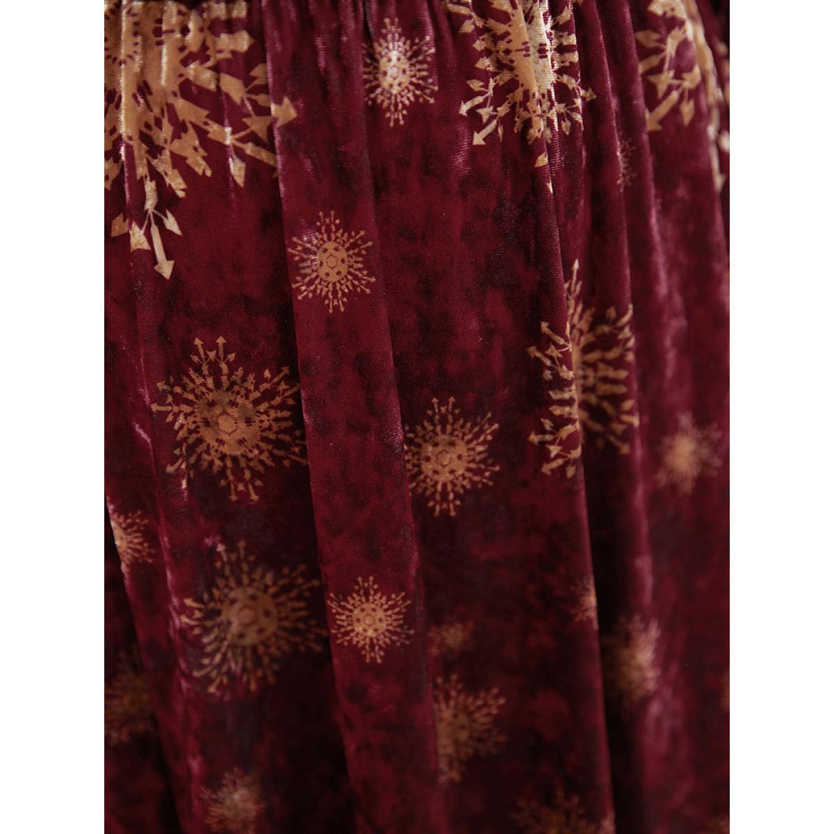 Plus Size Snowflake Print Surplice Neck Pocket Ruffle Velvet Dress Red Women Party Printed V-neck Long Sleeve Curvy Midi Dress BloomChic 10/M Product Image