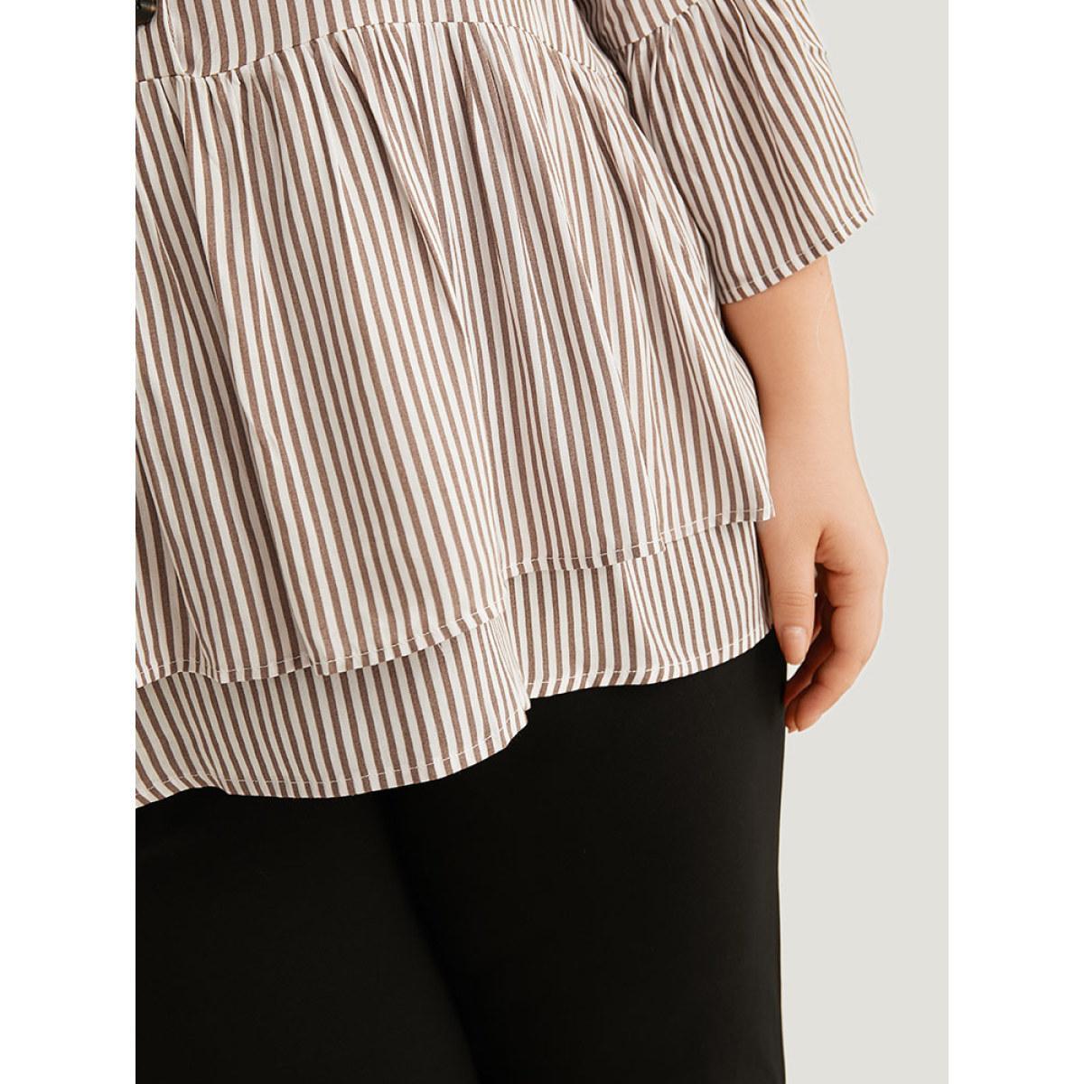 Plus Size Multicolor Striped Button Up Ruffles Bell Sleeve Blouse Women Office Elbow-length sleeve V-neck Work Blouses BloomChic 10/M Product Image