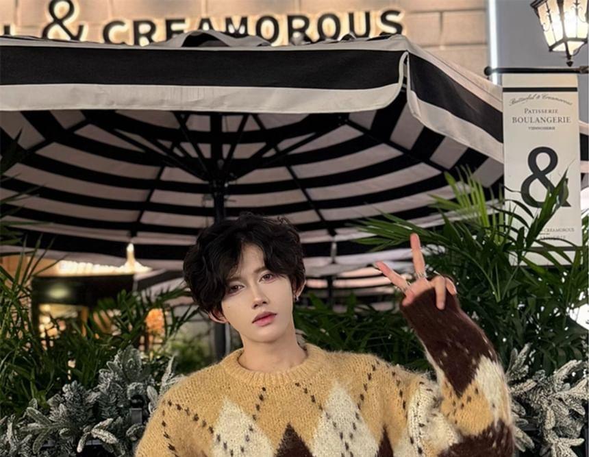 Crew Neck Argyle Oversized Sweater Product Image