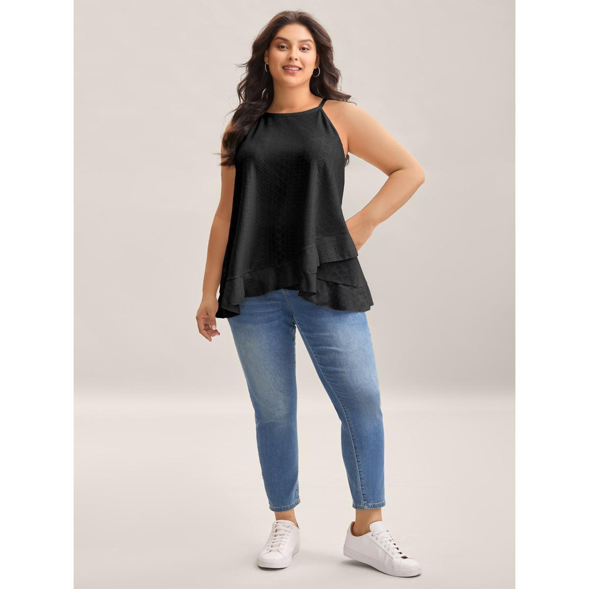 Plus Size Textured Knit Overlap Hem Tank Top Women Black Overlapping Round Neck Everyday-Casual Tank Tops Camis BloomChic 14-16/1X Product Image