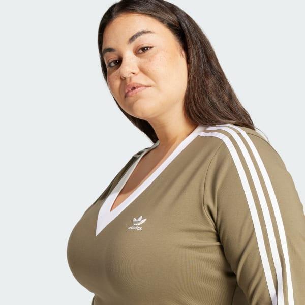 adidas Adicolor Classics 3-Stripes V-Neck Maxi Dress (Plus Size) Olive Strata 4X Womens Product Image