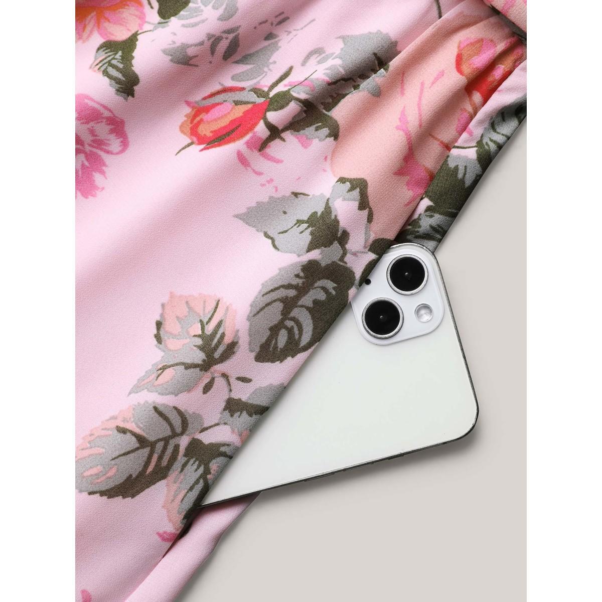 Plus Size Rosy Print Pockets Pleated Midi Dress MistyRose Women Elegant Gathered V-neck Elbow-length sleeve Curvy BloomChic 10/M Product Image