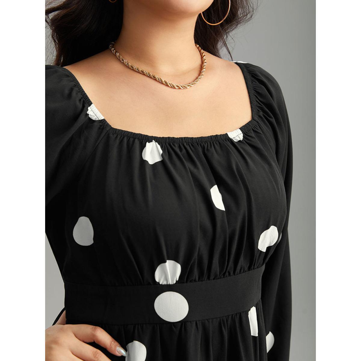 Plus Size Polka Dot Square Neck Gathered Elastic Cuffs Dress Black Women Elegant Elastic cuffs Square Neck Long Sleeve Curvy Midi Dress BloomChic 30/6X Product Image