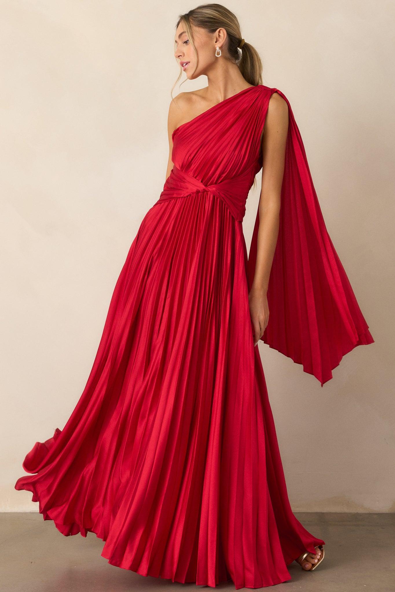 The One I Adore Red One Shoulder Pleated Maxi Dress Product Image