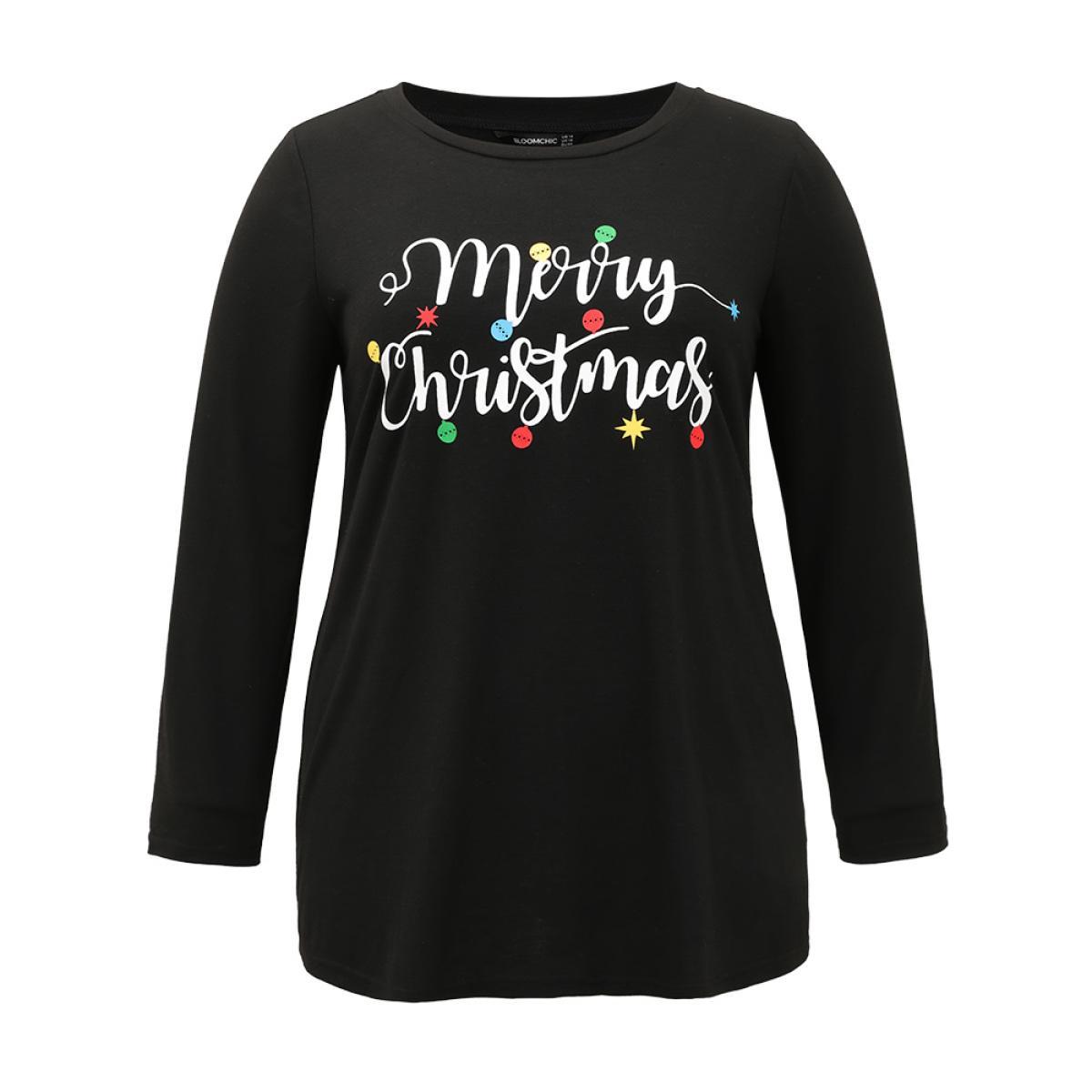 Plus Size Christmas Letter Print Crew Neck T-shirt Black Women Casual Printed Christmas Festival-Christmas T-shirts BloomChic 12/L Product Image