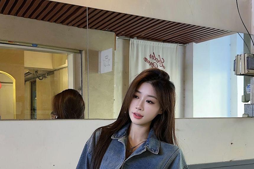Collared Washed Denim Wrap Crop Jacket Product Image