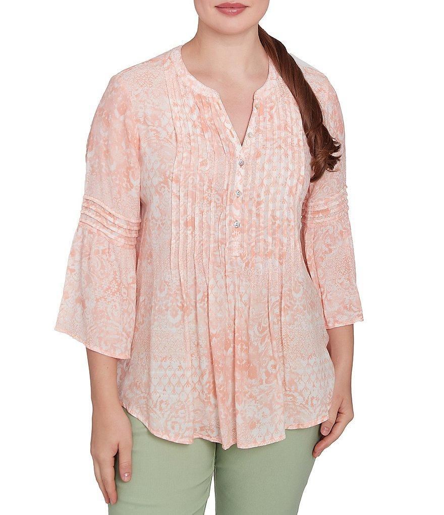 Ruby Rd. Soft Silky Slub Patchwork Band V-Neck 3/4 Bell Sleeve Pleated Flowy Blouse Product Image