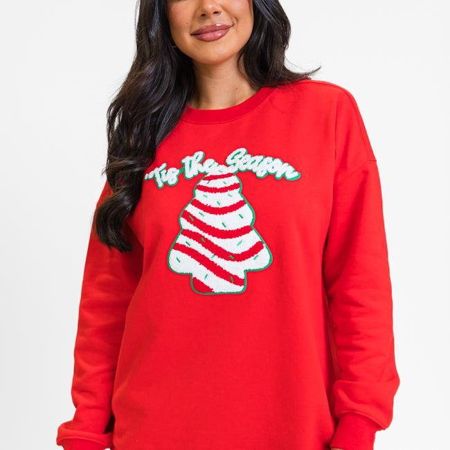 Tis The Season Christmas Cake Patch Red Graphic Sweatshirt FINAL SALE Product Image