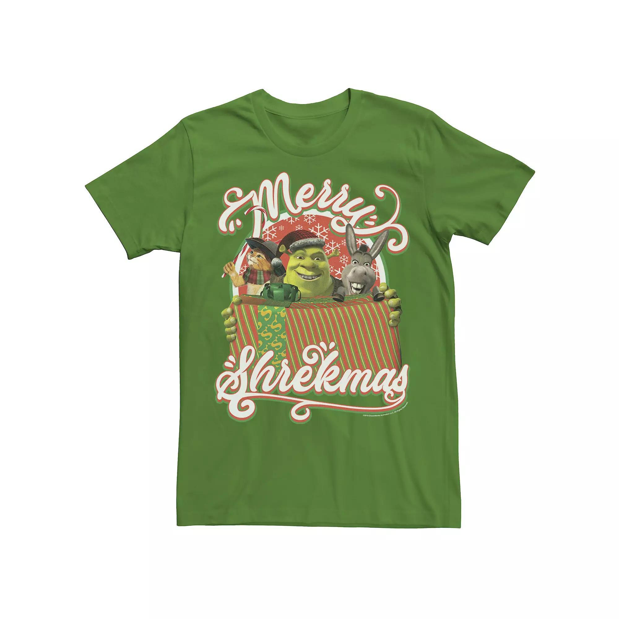 Men's Shrek Group Shot Merry Shrekmas Present Text Poster Tee, Size: Large, Kelly Product Image