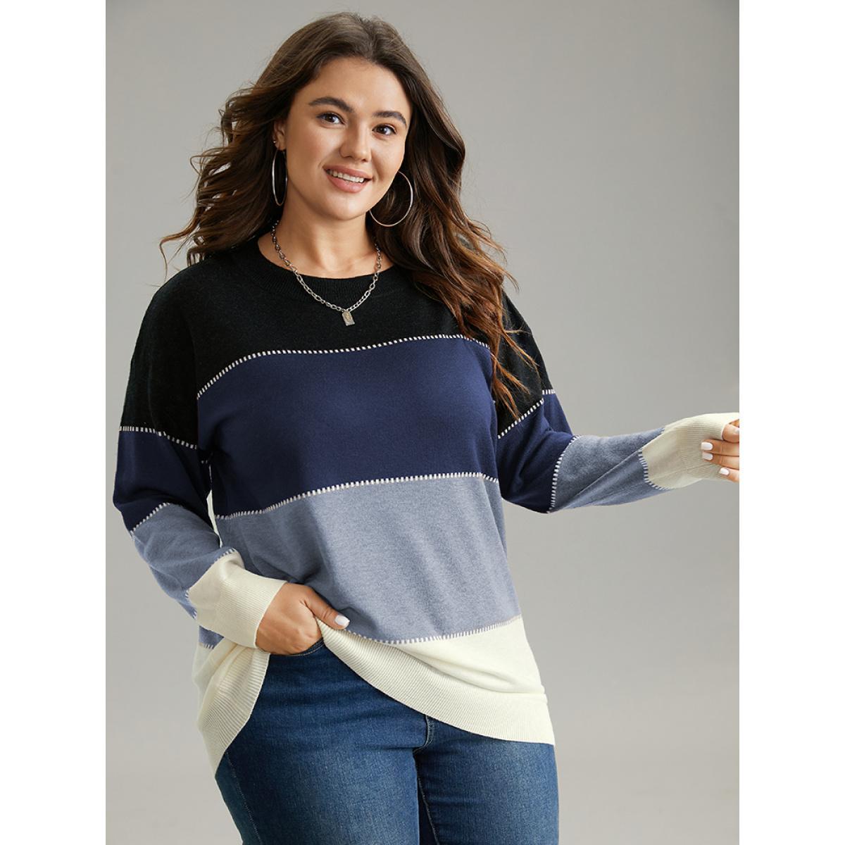 Plus Size Supersoft Essentials Colorblock Contrast Round Neck Pullover Indigo Women Casual Loose Long Sleeve Round Neck Everyday Pullovers BloomChic 12/L Product Image