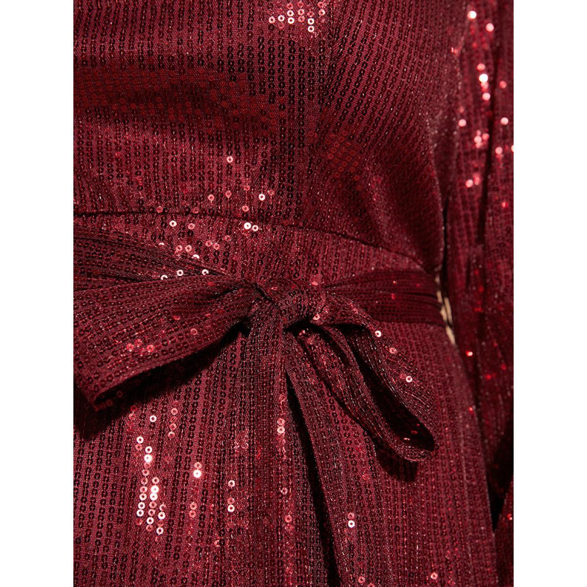 Plus Size Solid Square Neck Lantern Sleeve Belted Sequin Dress Burgundy Women Party Cross straps Square Neck Long Sleeve Curvy Midi Dress BloomChic 30/6X Product Image