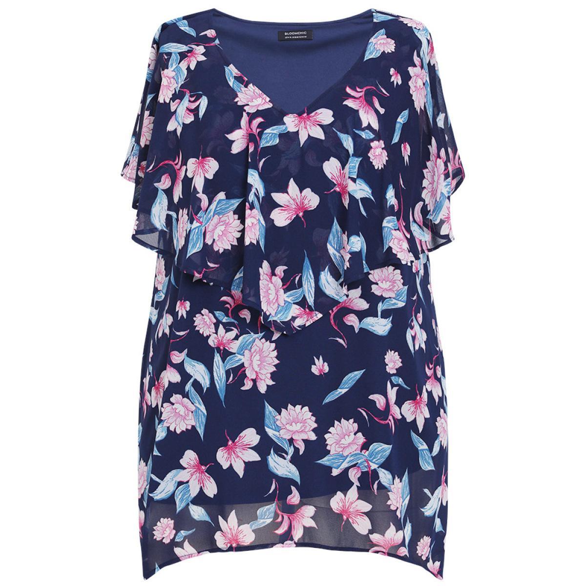 Plus Size Indigo Floral Print Ruffle Trim Asymmetrical Hem Blouse Women Elegant Short sleeve Round Neck Dailywear Blouses BloomChic 26/4X Product Image