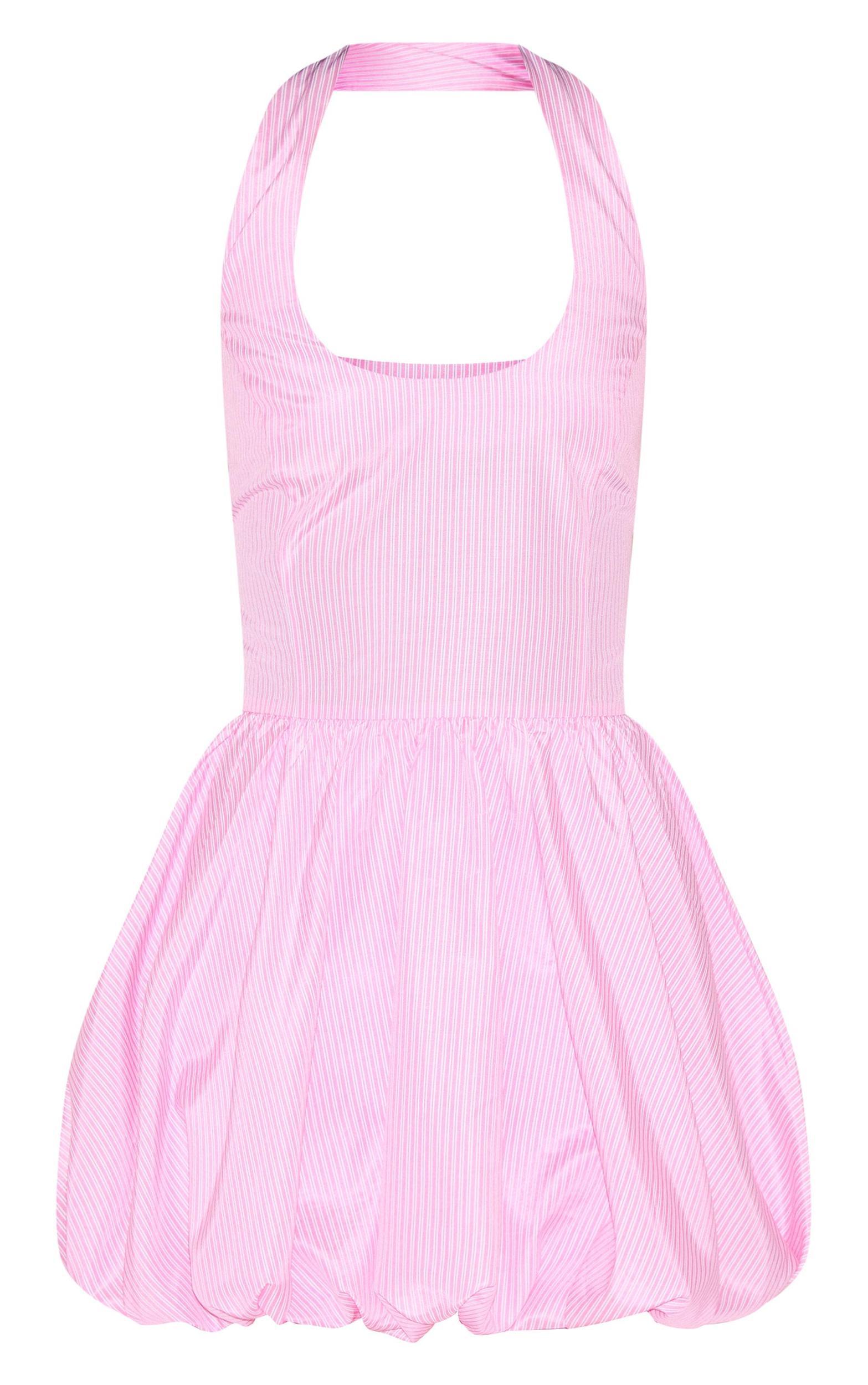 Pink Pinstripe Halterneck Puffball Dress Product Image