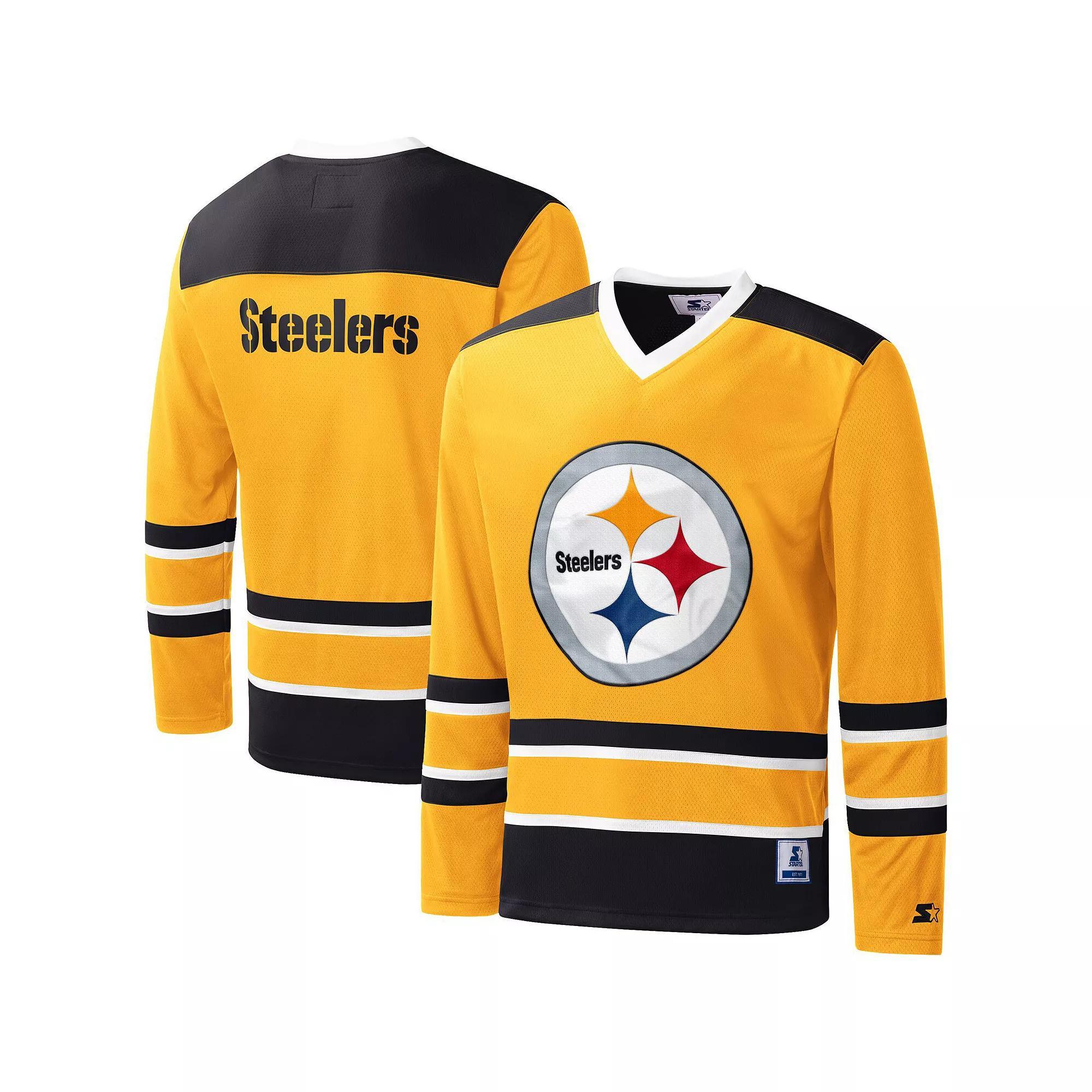 Mens Starter Pittsburgh Steelers Cross-Check V-Neck Long Sleeve T-Shirt Product Image