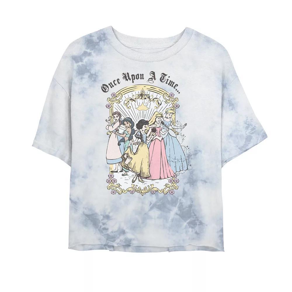 Disney Princesses Juniors' Once Upon A Time Vintage Cartoon Bombard Wash Crop Graphic Tee, Women's, Size: Large, White Blue Product Image