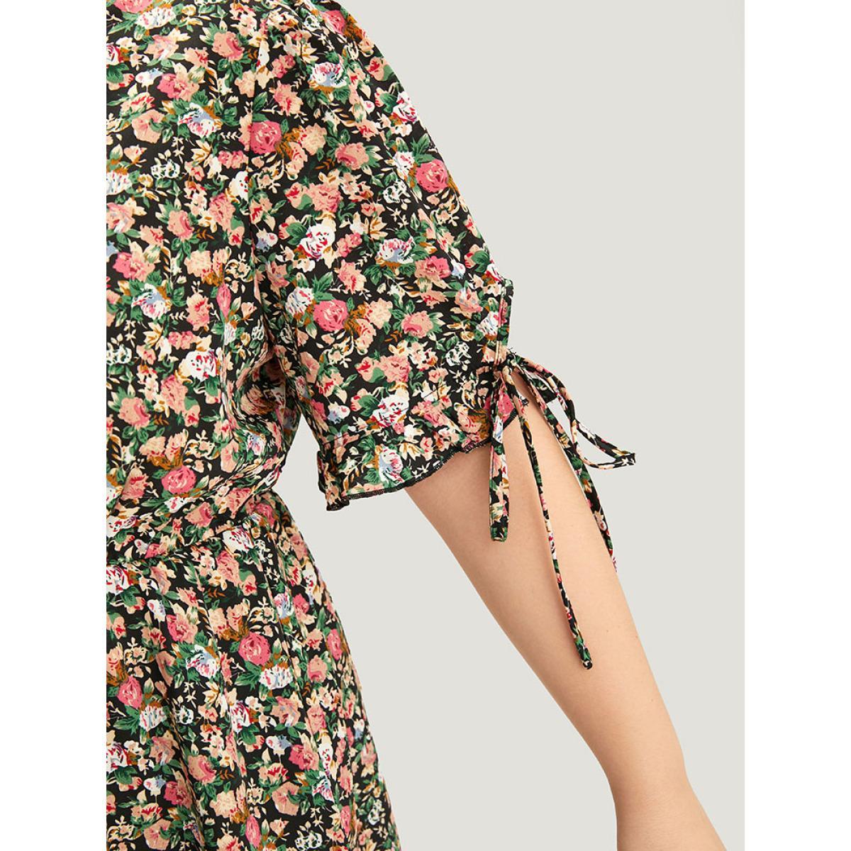 Plus Size Black Ditsy Floral Wrap Ties Gathered Ruffle Hem Blouse Women Elegant Short sleeve V-neck Dailywear Blouses BloomChic 22-24/3X Product Image