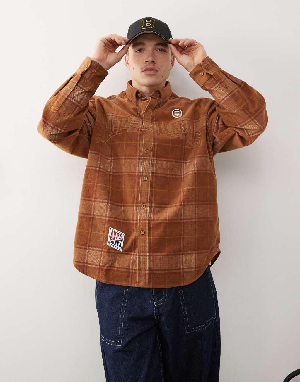 Aape By A Bathing Ape checked logo long sleeve shirt in brown Product Image