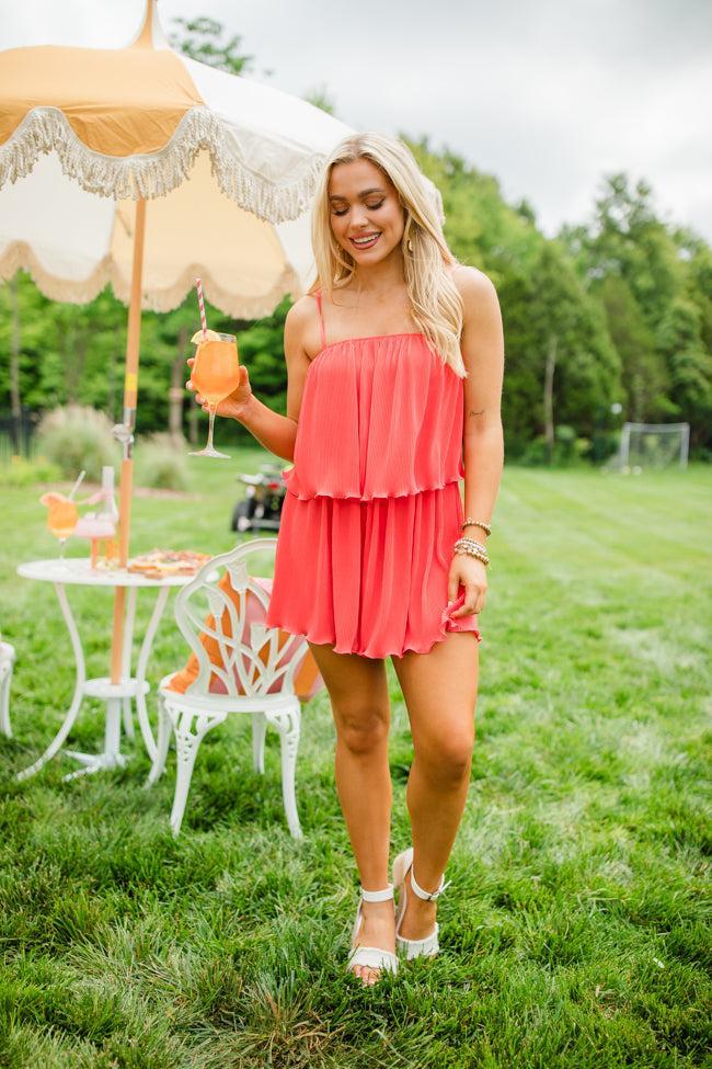 In the Afterglow Hot Coral Pleated Romper FINAL SALE Product Image