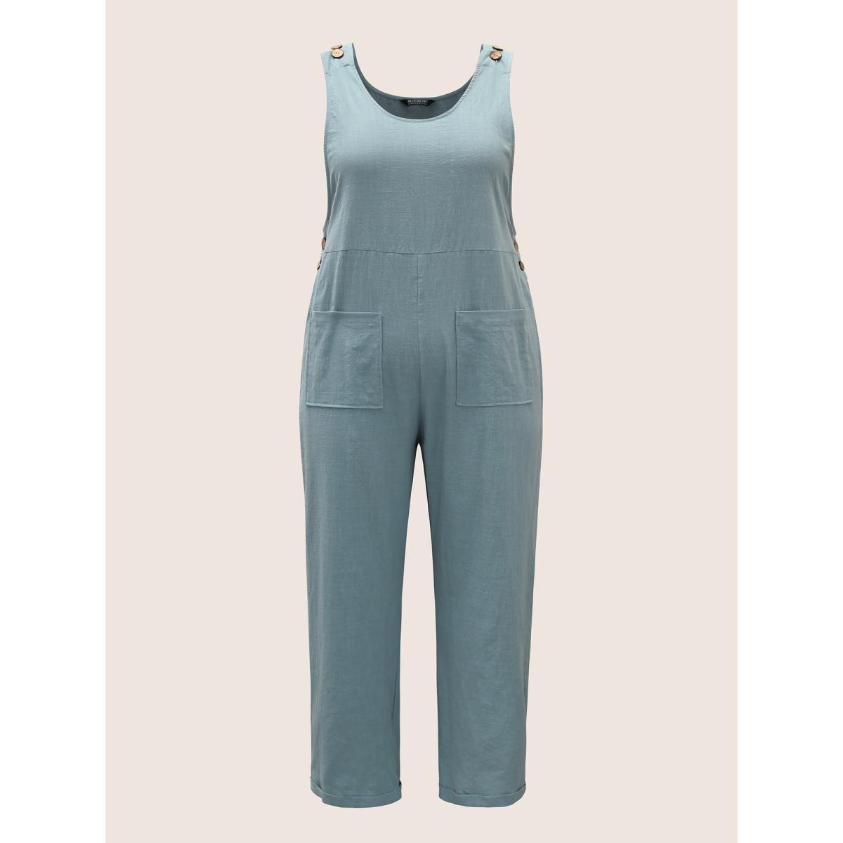 Plus Size Stone Cotton Solid Patch Pocket Button Detail Jumpsuit Women Casual Sleeveless Non Everyday Loose Jumpsuits BloomChic 28/5X Product Image