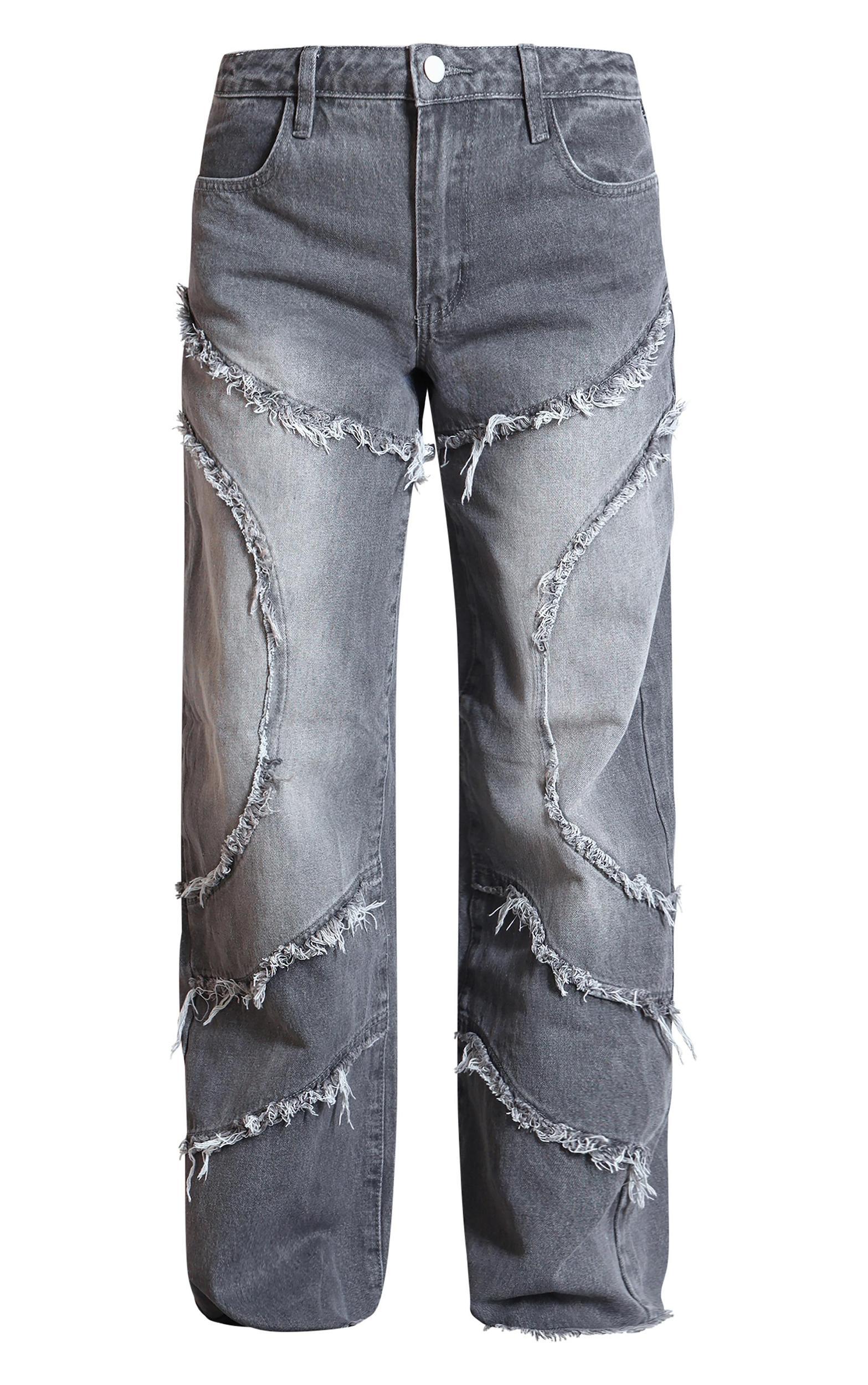 Dark Grey Washed Asymmetric Frayed Detail Mid Rise Straight Leg Jeans Product Image