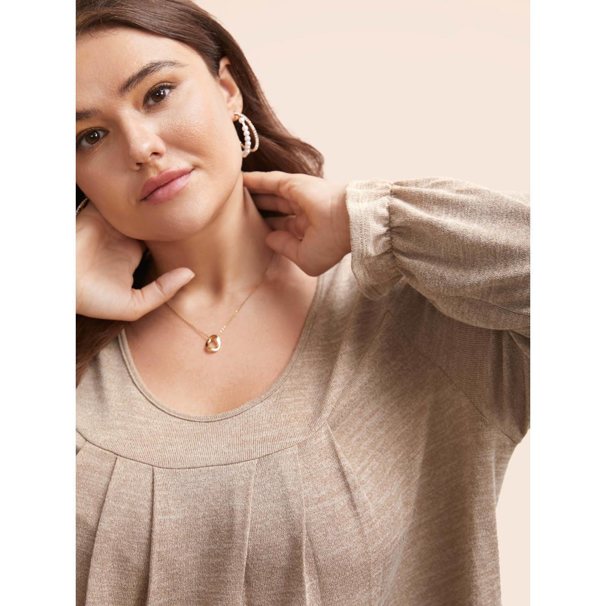 Plus Size Round Neck Heather Pleated T-shirt LightBrown Women Elegant Pleated Round Neck Loose Everyday T-shirts BloomChic 26/4X Product Image
