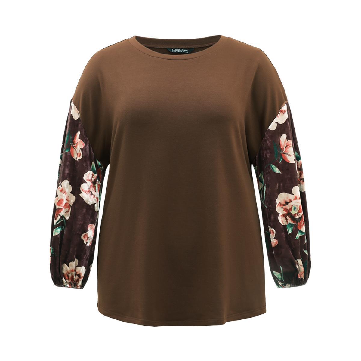 Plus Size Velvet Floral Print Patchwork Contrast Sweatshirt Women DarkBrown Casual Velvet Round Neck Dailywear Sweatshirts BloomChic 12/L Product Image
