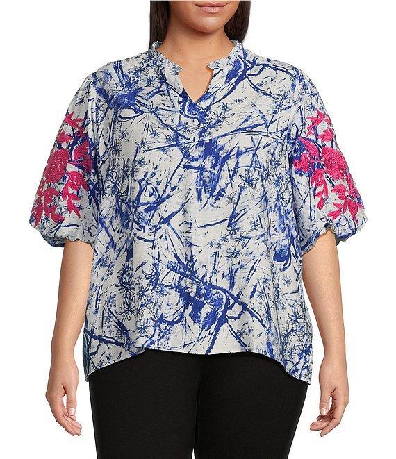 Calessa Plus Size Embroidered Printed Ruffled Split V-Neck Elbow Length Sleeve Tunic Product Image
