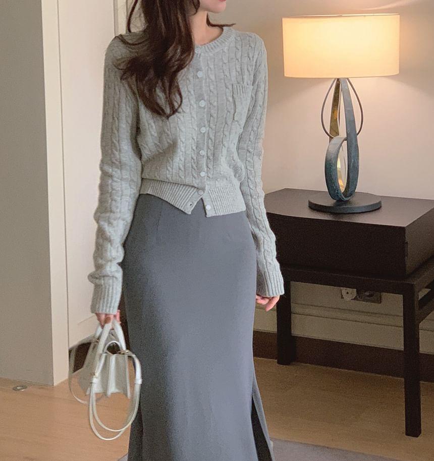 Round Neck Plain Cable Knit Cardigan Product Image