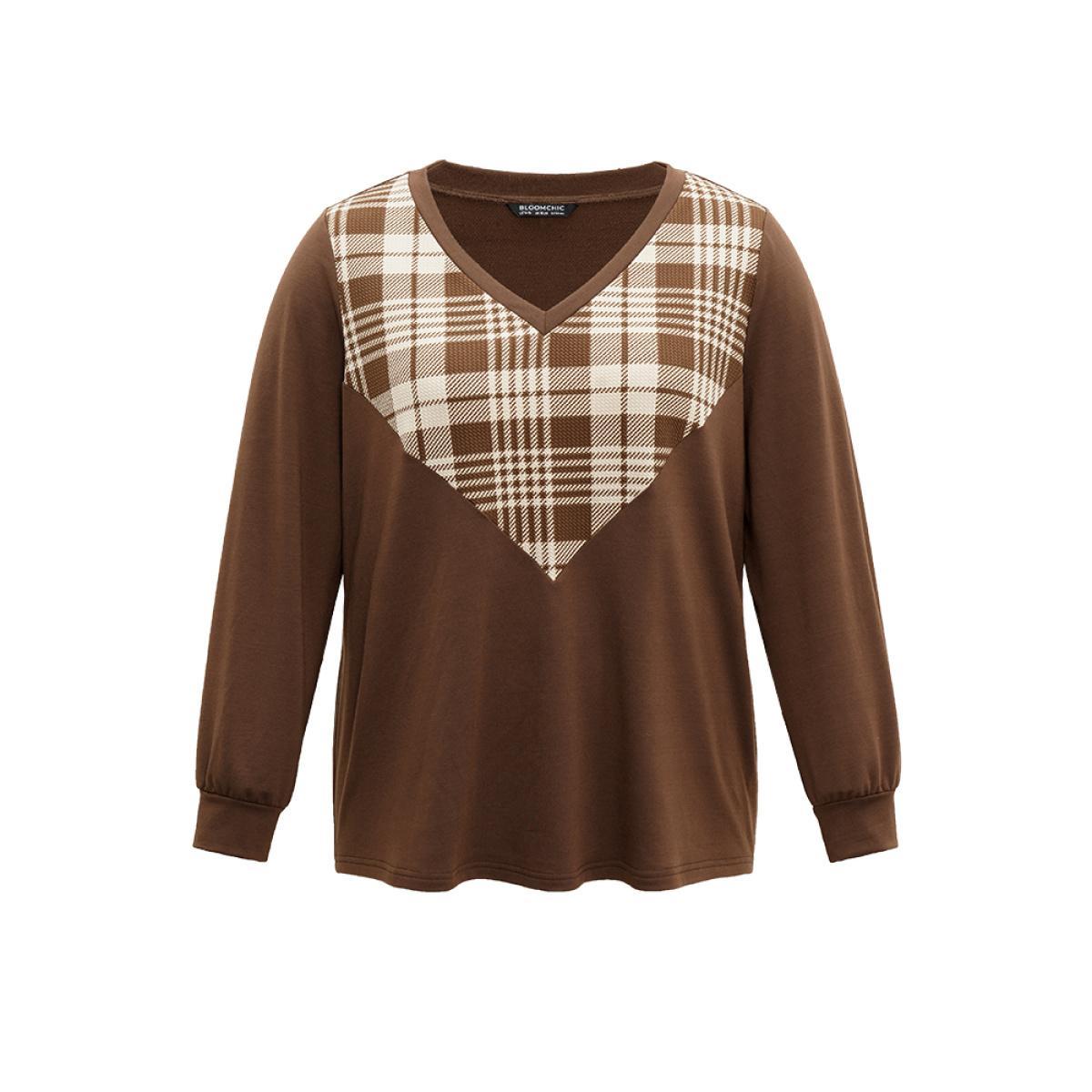 Plus Size Plaid V Neck Patchwork Elastic Cuffs Sweatshirt Women DarkBrown Casual Contrast V-neck Festival-Christmas Sweatshirts BloomChic 30/6X Product Image