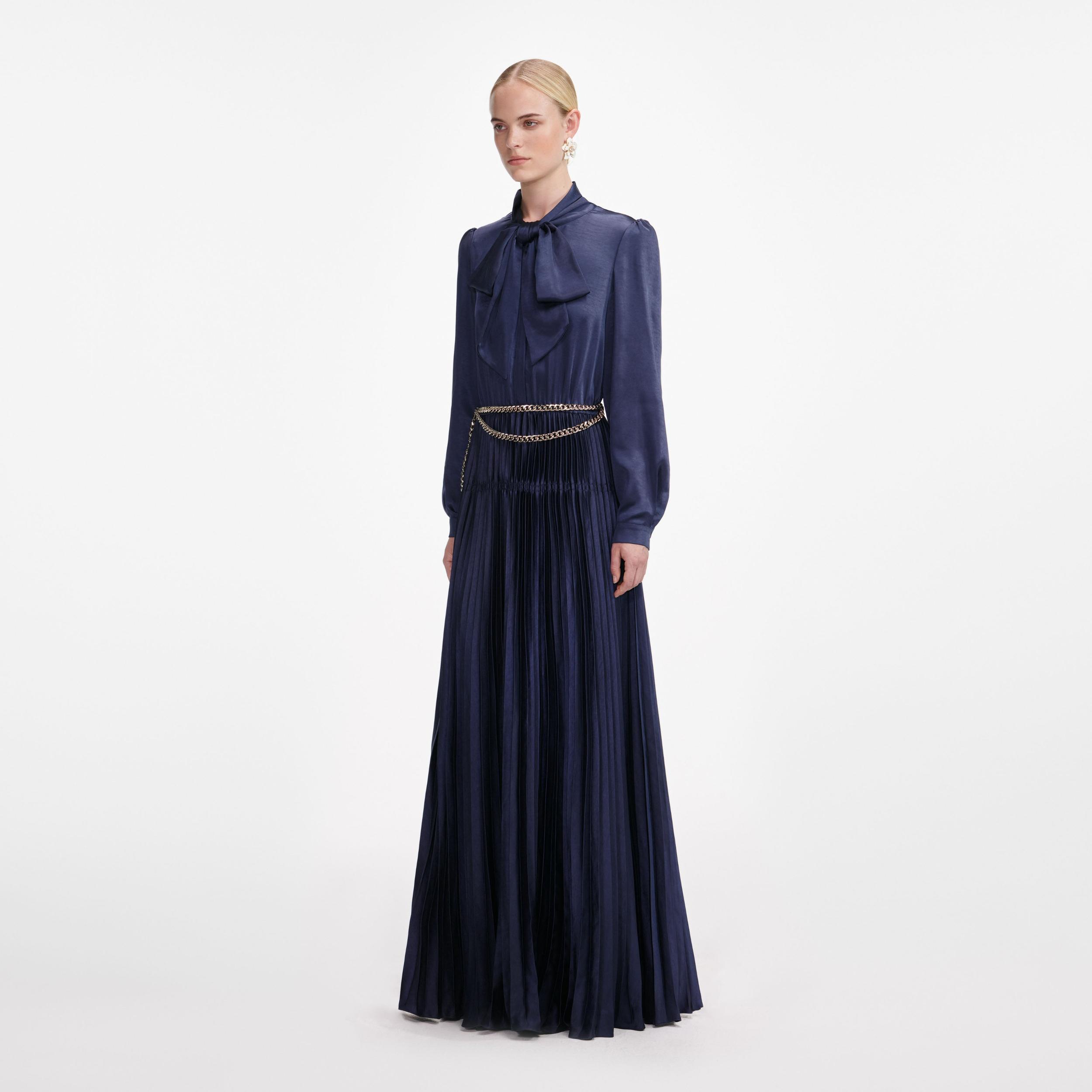 Navy Satin Pussy Bow Maxi Dress Product Image