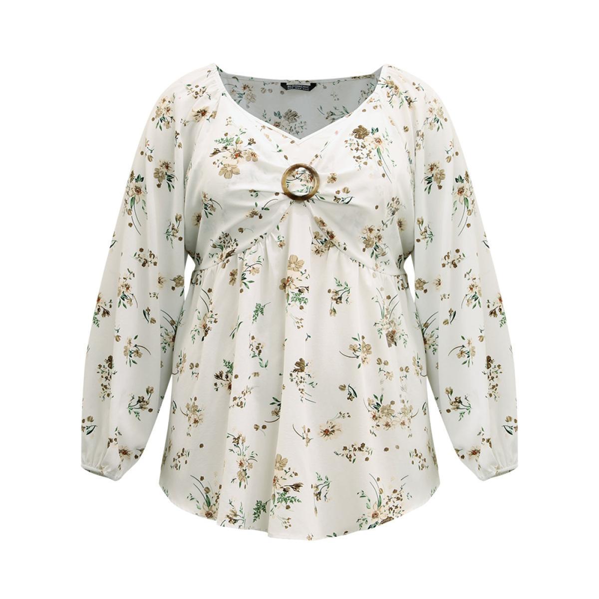 Plus Size Ivory Floral Print Buckle Detail Gathered Bell Sleeve Blouse Women Elegant Long Sleeve V-neck Dailywear Blouses BloomChic 30/6X Product Image