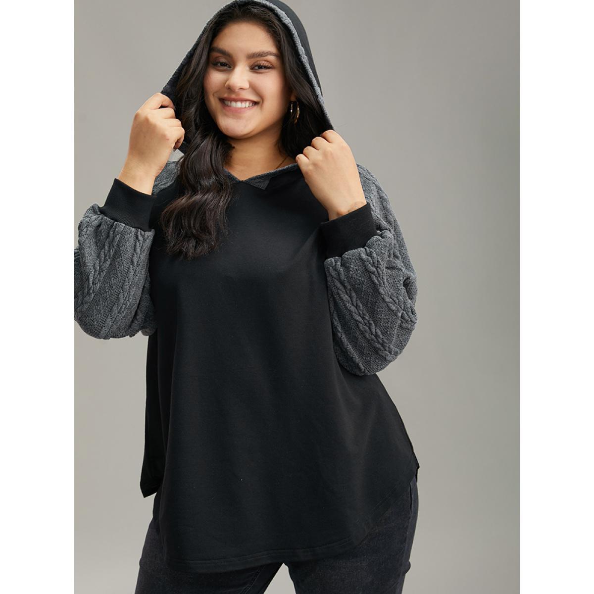 Plus Size Rib Knit Cable Knit Patchwork Hooded Sweatshirt Women Black Casual Elastic cuffs Hooded Dailywear Sweatshirts BloomChic 30/6X Product Image