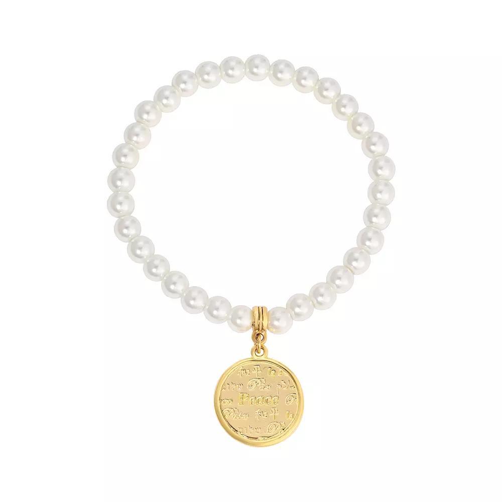 1928 Simulated Pearl Multilingual Peace Medallion Stretch Bracelet, Womens, White Product Image
