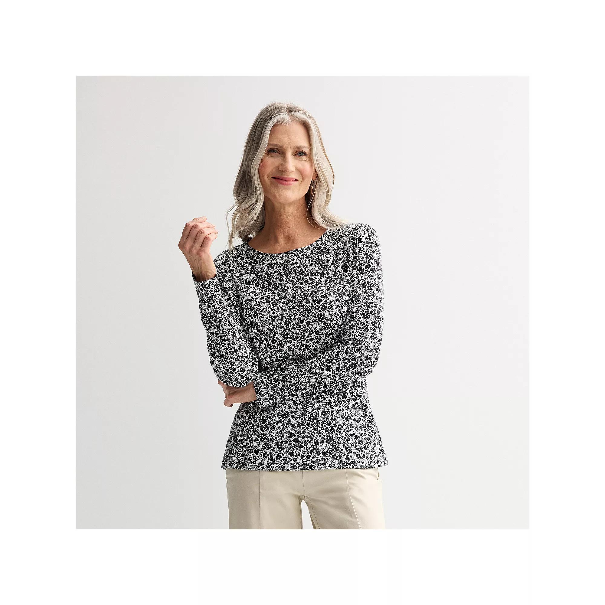 Women's Croft & Barrow® Essential Long-Sleeve Crewneck Tee, Size: XS, Black Ditsy Floral Product Image
