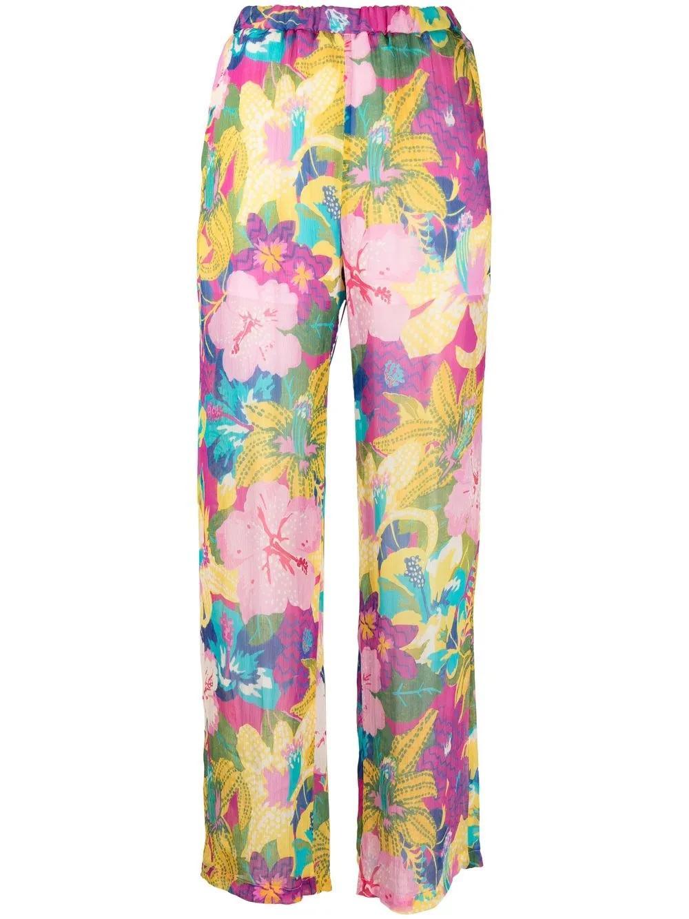 MSGM Tropical-print Semi-sheer Straight-leg Trousers In Pink Product Image