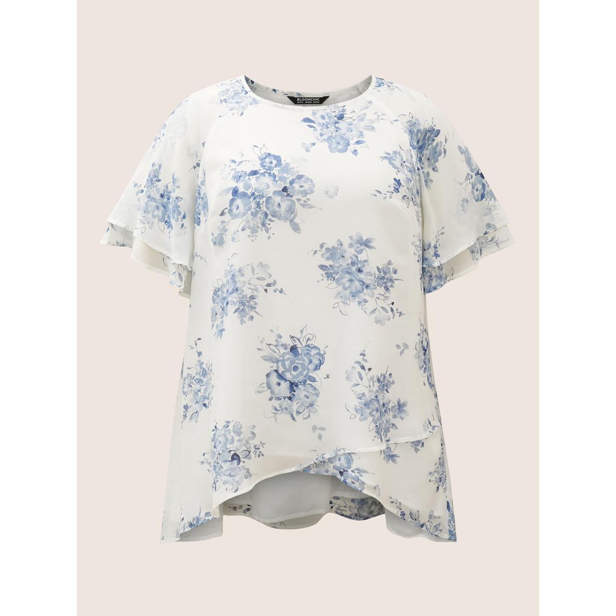 Plus Size Originalwhite Chiffon Floral Tiered Ruffles Raglan Sleeve Blouse Women Elegant Half Sleeve Round Neck Everyday Blouses BloomChic 28/5X Product Image