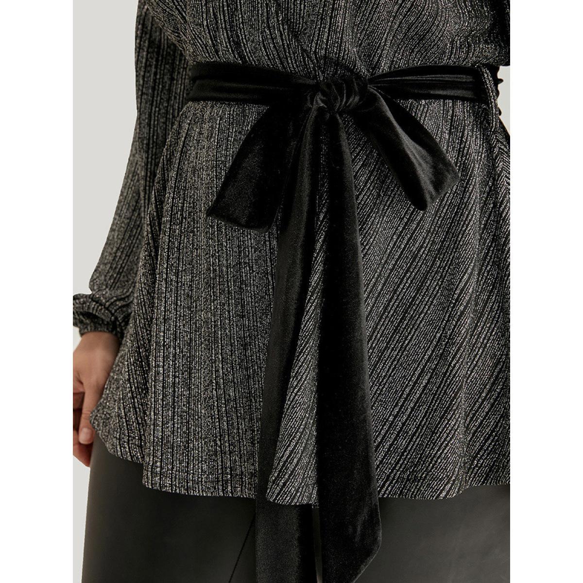 Plus Size Black Solid Wrap Lantern Sleeve Belted Sequin Blouse Women Party Long Sleeve V-neck Going out Blouses BloomChic 14-16/1X Product Image