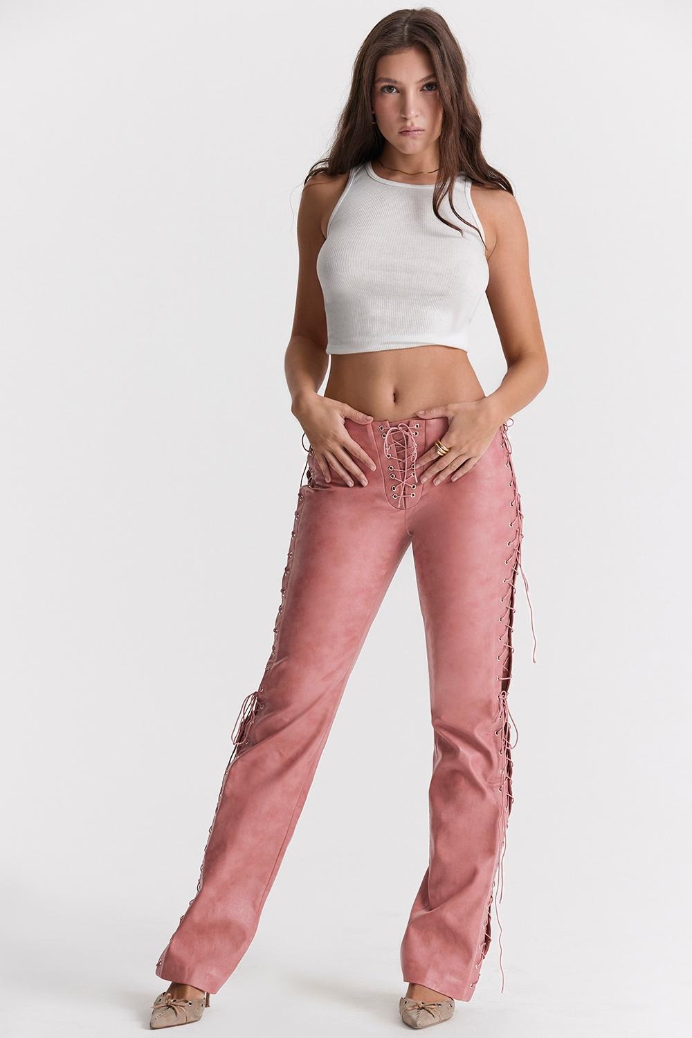 Drew Warm Pink Vegan Leather Lace Up Trousers Product Image
