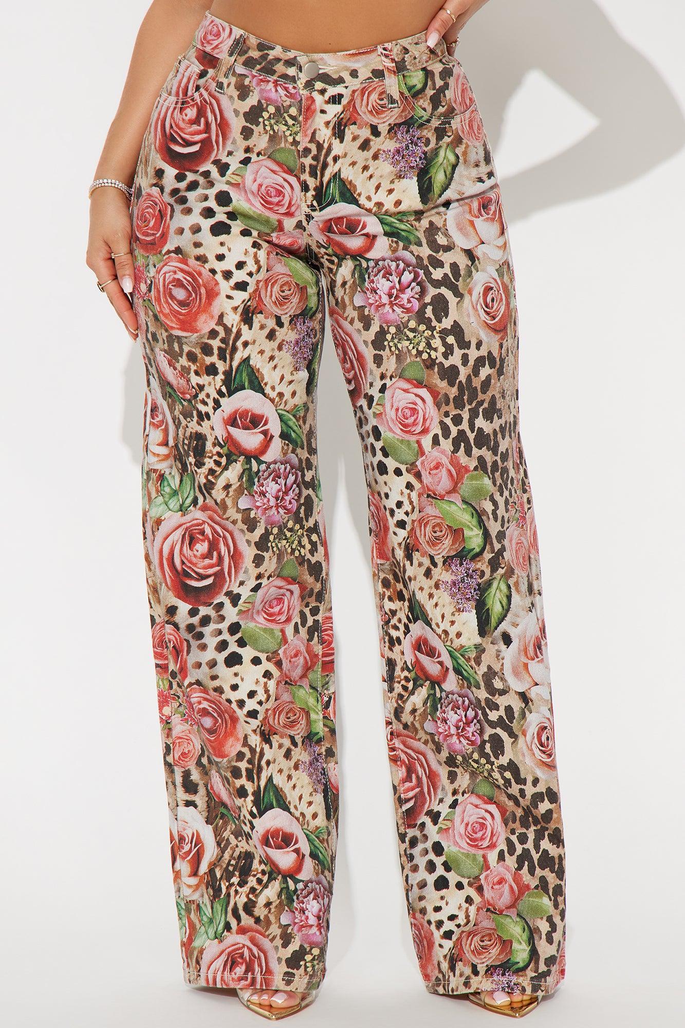 Keep Me Wild Floral Animal Print Stretch Baggy Jeans - Brown Combo Product Image