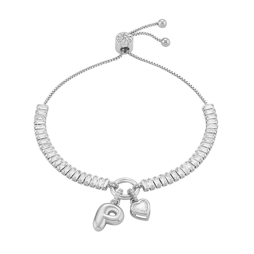 Brilliance Cubic Zirconia Heart & Polished Bubble Initial Charm Adjustable Bracelet, Women's, Size: 4-10" ADJ, Silver Tone P Product Image